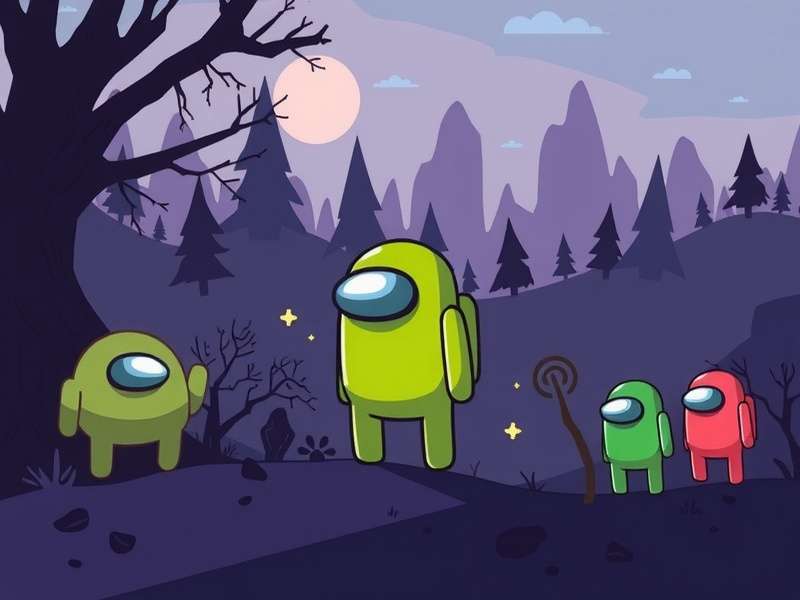 Among Us characters of different colors gathered around a table in the cafeteria