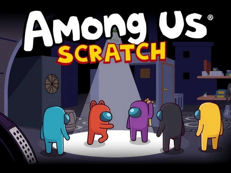 Among Us Scratch game interface with colorful crewmates on a space map