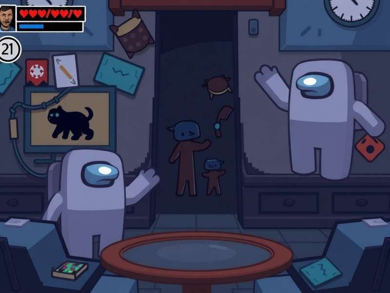 Among Us Impostor character standing with crewmates in a spaceship corridor