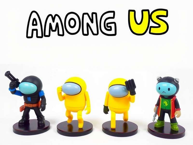 Among Us 11cm Figures 4 Pack Toys displayed on a wooden desk with crewmate hats